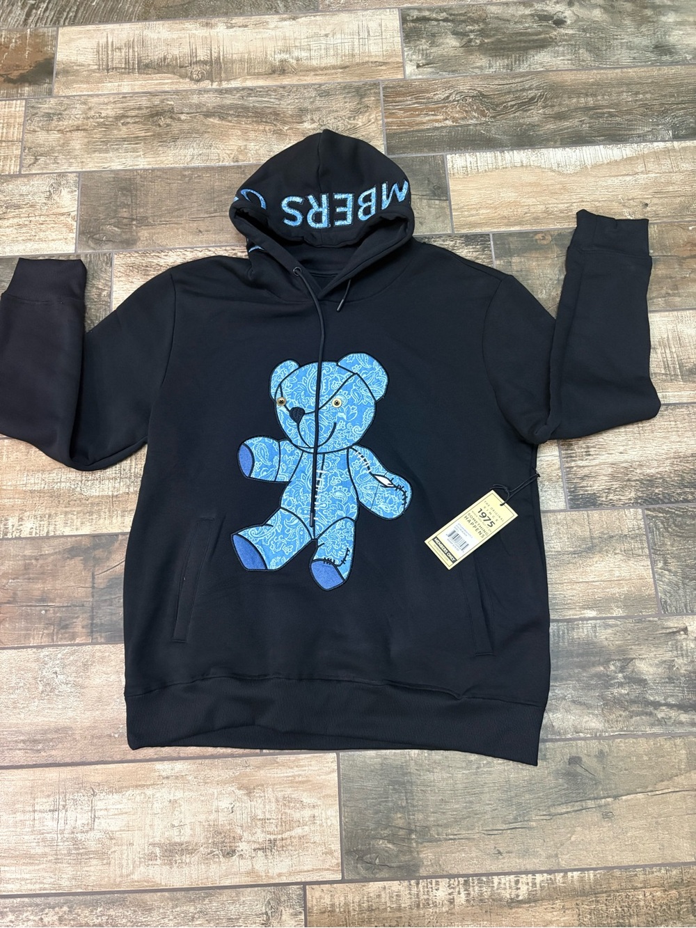 Members Only Black Hoodie with Blue Teddy Graphic